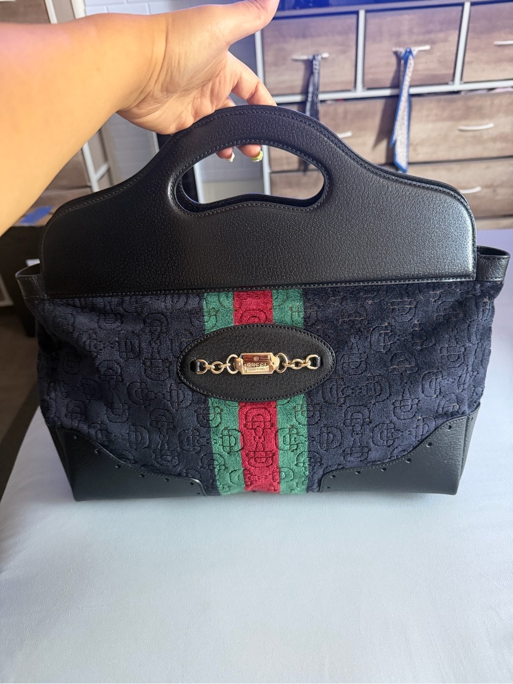 Gucci Black Satchel with Green & Red Web Stripe
